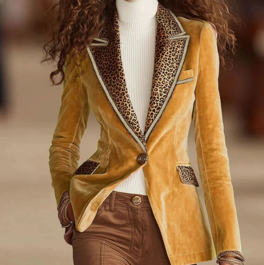 Elegant Yellow Velvet Blazer with Leopard Accents
